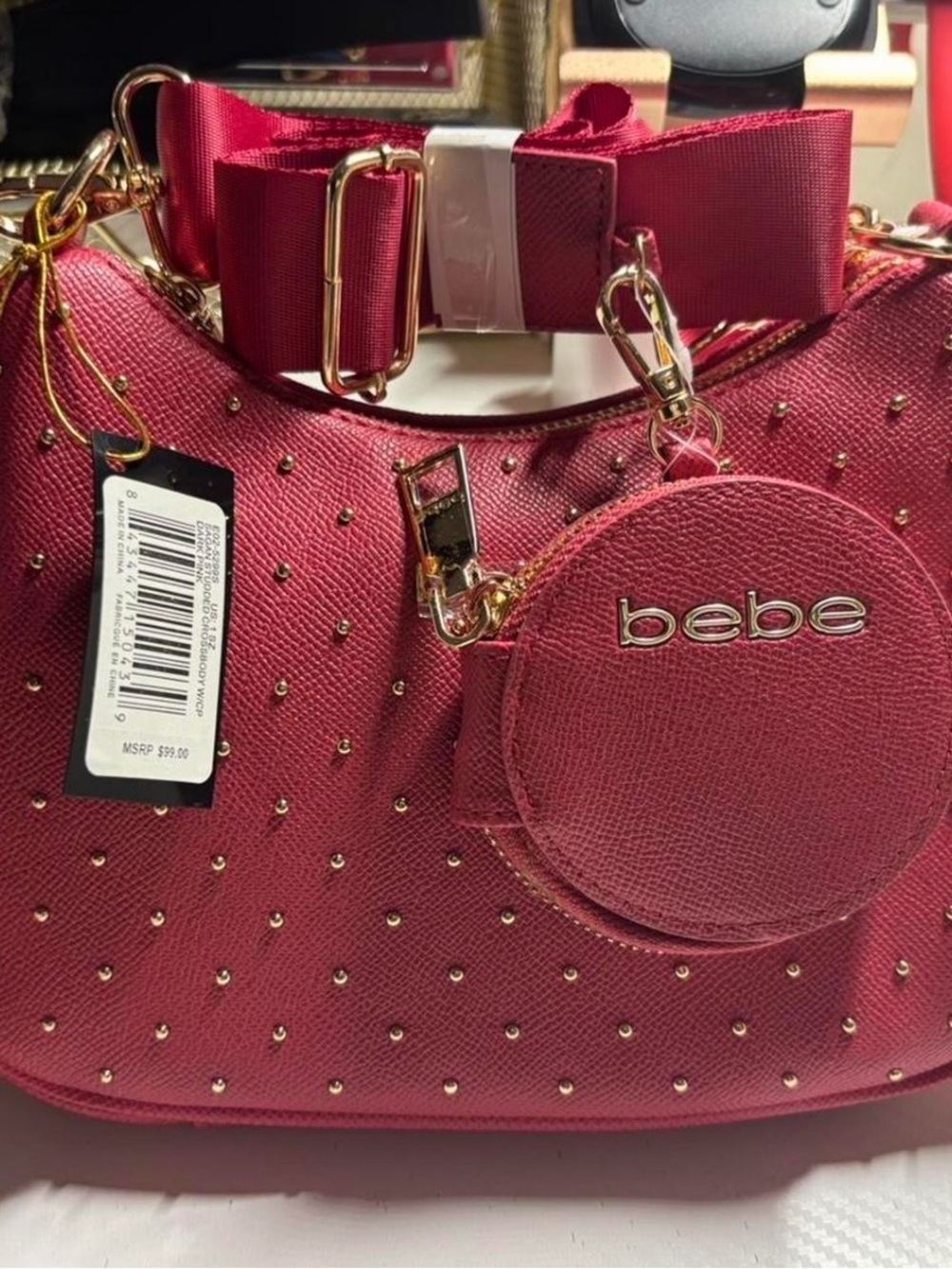 bebe Magenta Studded Shoulder Bag with Coin Pouch